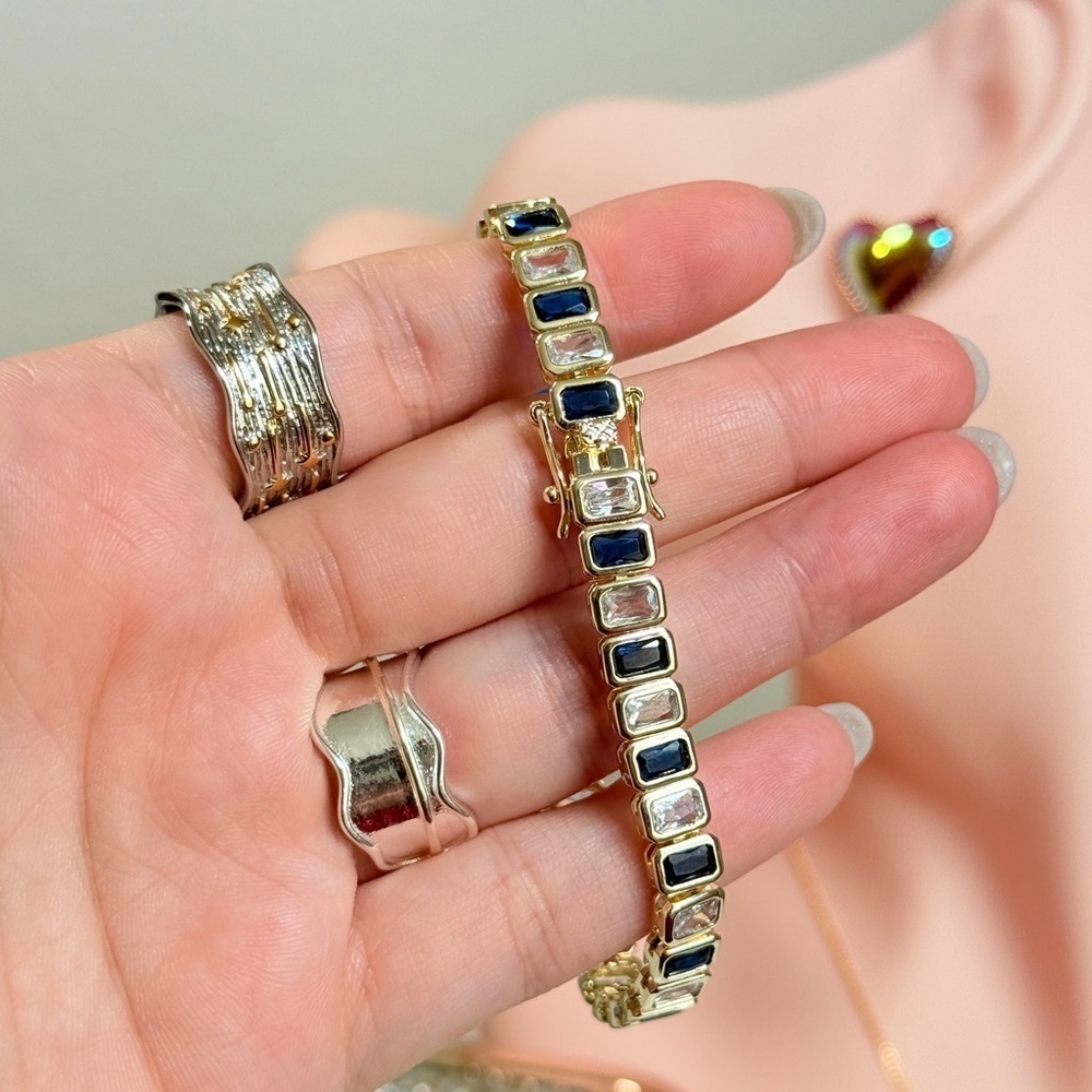 Classic 18Kt Gold Plated Bracelet With Blue and Clear Cubic Zirconia - Picture 11 of 12